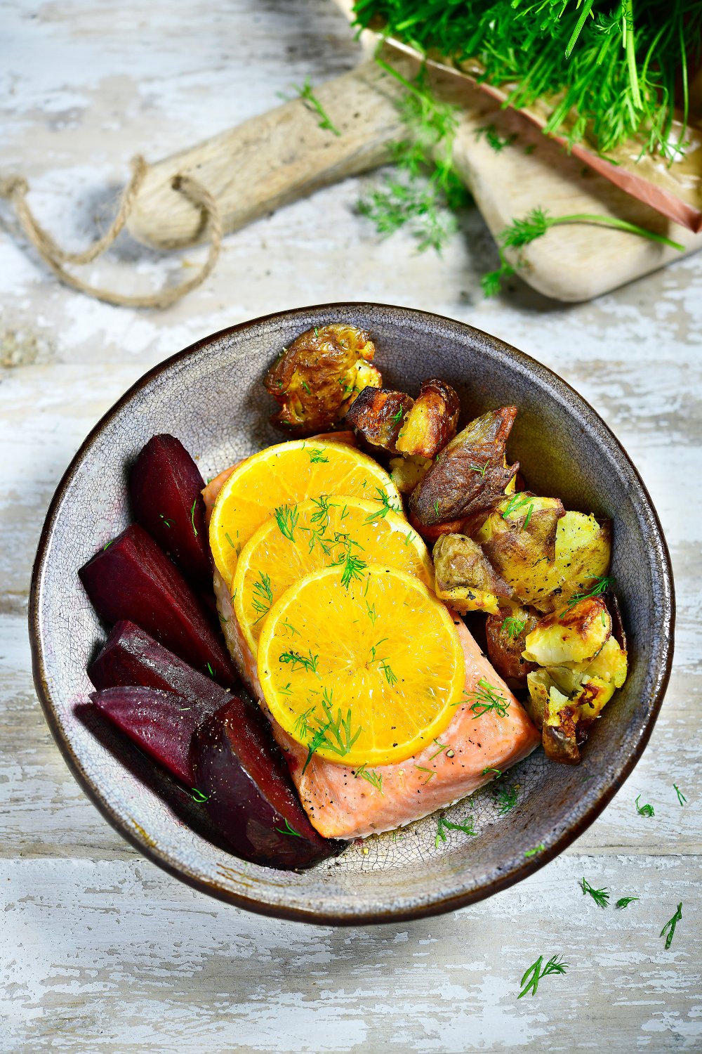 Zalm met sinaasappel en gepofte biet