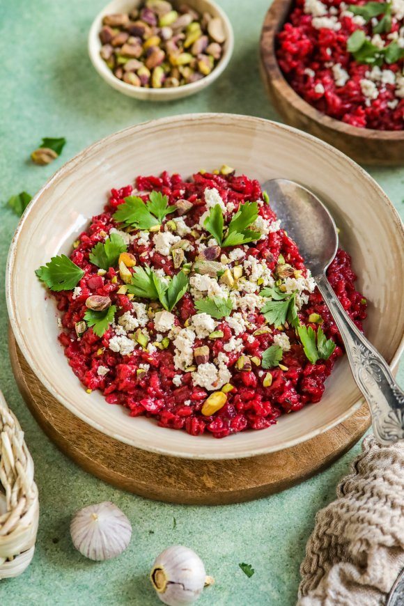 Bietenrisotto met citroen en vegan feta