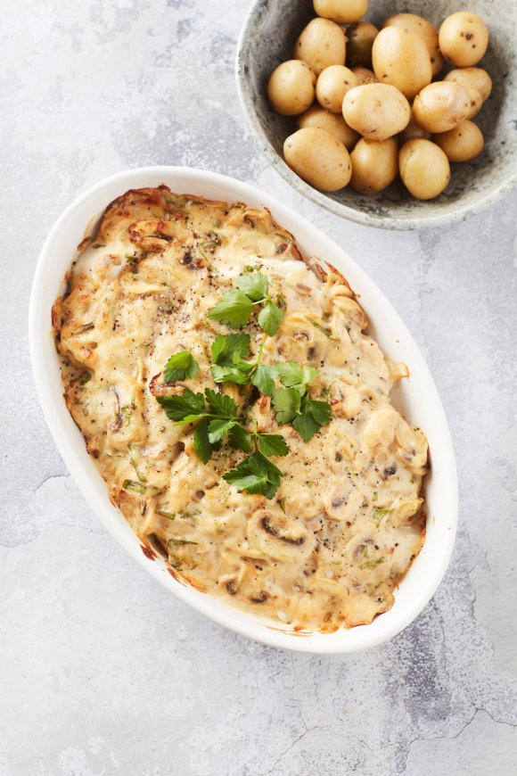 Vis uit de oven met mosterd en champignons