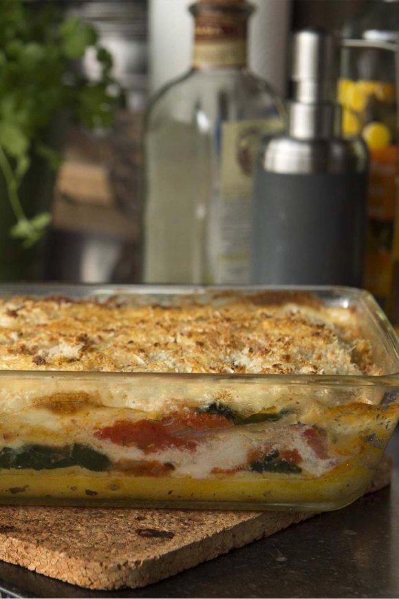 Lasagne van vlaswijting, tomaat en spinazie