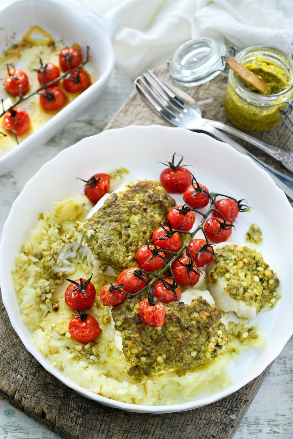 Kabeljauw met korst van pesto en parmezaan