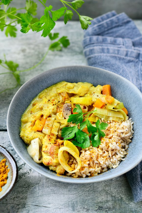 Kippenpannetje met prei, pompoen en champignons